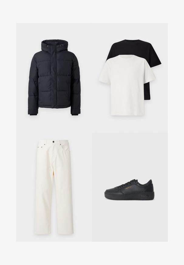 Giacca a vento nera con cappuccio, caratterizzata da una chiusura con zip, design trapuntato e polsini elasticizzati per calore e comfort.; Set di t-shirt in cotone composto da una maglietta nera e una bianca, entrambe con maniche corte, scollatura rotonda e vestibilità standard. Tessuto testurizzato.; Jack & Jones JPSTALEX ORIGINAL - Jeans baggy - antique white; Replay EPIC HIGH - Sneakers basse - black