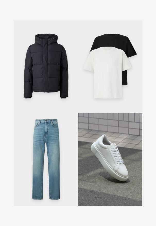 Svart dunjakke med hette, med glidelåsfront, quiltet design og elastiske cuffs for varme og komfort.; Sett med bomull t-skjorter bestående av en svart topp og en hvit topp, begge med korte ermer, rund hals og standard passform. Teksturet stoff.; Lyseblå denimjeans med rette ben, som har en falmet finish, fem lommer og kontrasterende sømdetaljer.; Hvit lær sneaker med glatt overflate, rund tå og flate hvite snøringer. Har en teksturert gummisåle og minimale design elementer.