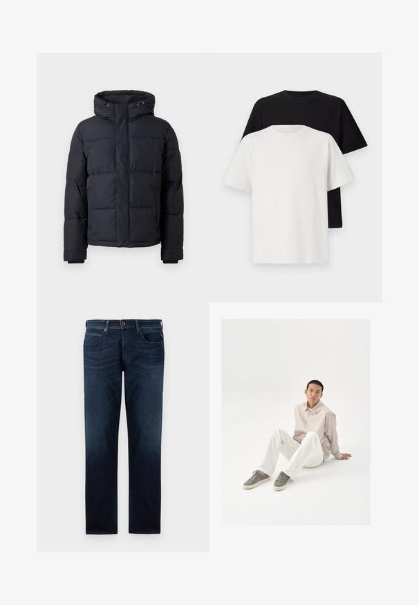 Fekete puffdzseki kapucnival, cipzárral, tűzött mintázattal és rugalmas mandzsettákkal a kényelem és melegség érdekében.; Pamut póló szett, amely egy fekete és egy fehér pólót tartalmaz, mindkettő rövid ujjú, környakú és normál fazonú. Texturált anyag.; Sötétkék farmernadrág egyenes lábbal, öt zsebes stílussal és látható gombzárral a deréknál. Simaszerkezet.; Beige gombos ing, fehér nadrág és szürke sportcipő. Az ing laza fazonú, a sportcipő pedig textúrált felületű és fűzős kialakítású.