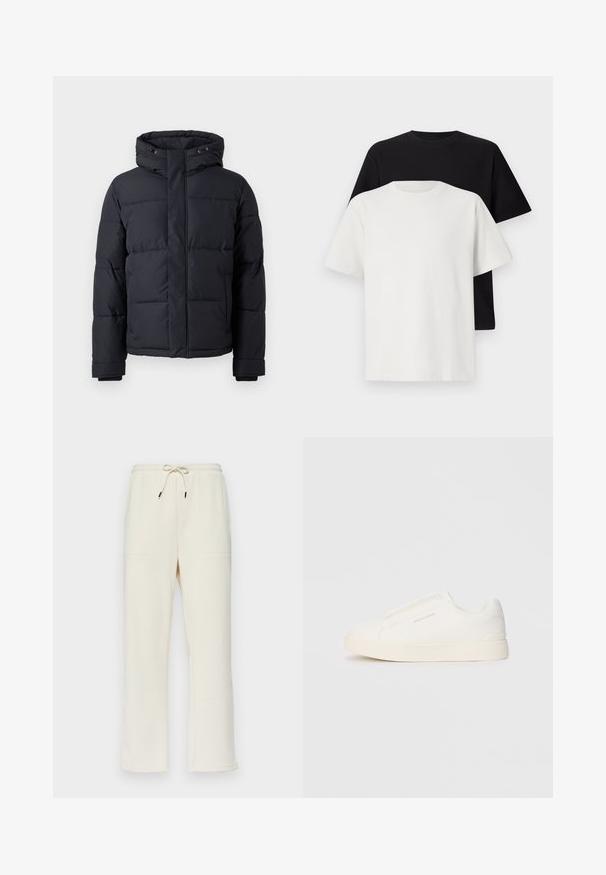 Schwarze Daunenjacke mit Kapuze, ausgestattet mit einem Reißverschluss, gestepptem Design und elastischen Bündchen für Wärme und Komfort.; Baumwoll-T-Shirt-Set bestehend aus einem schwarzen Oberteil und einem weißen Oberteil, beide mit kurzen Ärmeln, Rundhalsausschnitt und normaler Passform. Texturiert.; Ecrufarbene, gerippte Sweatpants mit einem Kordelzugbund, die zwei Seitentaschen und ein gerades Bein-Design aufweisen.; Weiße Slip-On-Sneaker mit einer strukturierten Oberfläche, dicker Sohle und minimalistischem Design. Mit Logo der Marke an der Seite.