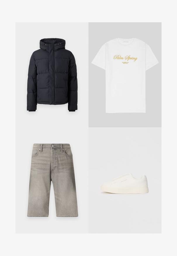 Jachetă puffer neagră cu glugă, dotată cu închidere cu fermoar, design matlasat și manșete elastice pentru căldură și confort.; Tricou alb din bumbac cu text auriu care spune "Palm Spring" și "California Love Eighty Five" dedesubt, design cu croială lejeră și guler rotund.; Pantaloni scurți din denim gri cu croială dreaptă, având închidere cu nasturi, cinci buzunare și o decolorare subtilă pe țesătură.; Tenisi albi slip-on cu o suprafață texturată, talpă groasă și un design minimalist. Prezintă logo-ul brandului pe lateral.