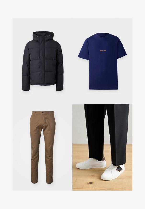 Black puffer jacket with a hood, featuring a zip closure, quilted design, and elastic cuffs for warmth and comfort.; Navy blue cotton t-shirt with short sleeves. Features a small, orange embroidered logo at the chest. Classic crew neck design.; Brown cotton blend trousers with a straight-leg fit, featuring a button closure, front pockets, and a smooth, textured surface.; White sneakers with smooth texture, featuring brown leather accents and black detailing, paired with black tailored pants. Wooden floor background.