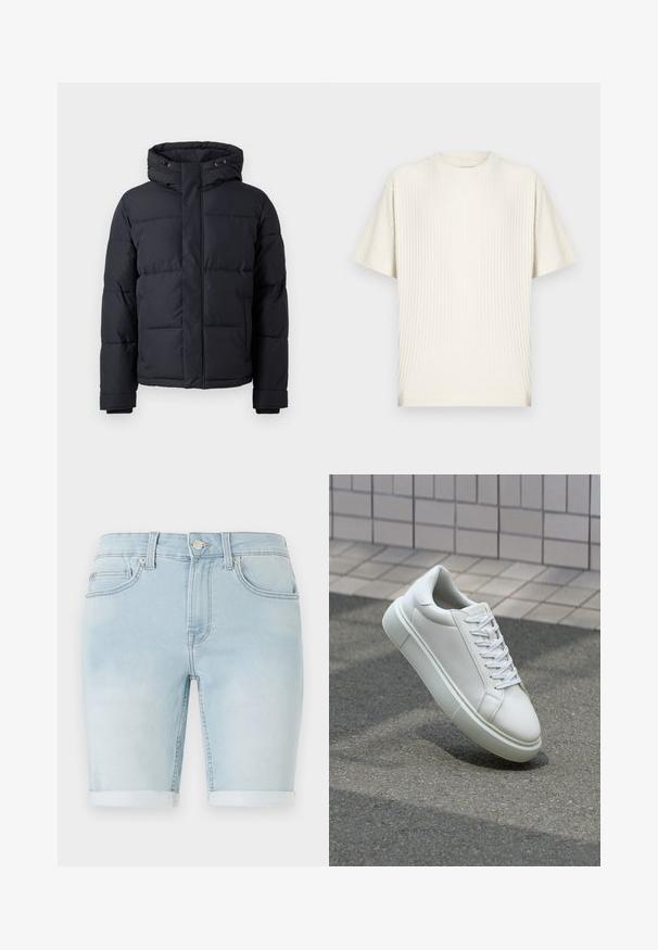 Svart dunjakke med hette, med glidelåsfront, quiltet design og elastiske cuffs for varme og komfort.; Kremfarget, ribbestrikket T-skjorte med korte ermer og rund hals, i en avslappet passform, vist på en ensfarget lys bakgrunn.; Lyseblå denimshorts med oppbrett i kanten, klassisk fem-lomme design og frontlukking med knapp. Glatt tekstur med mild falming.; Hvit lær sneaker med glatt overflate, rund tå og flate hvite snøringer. Har en teksturert gummisåle og minimale design elementer.