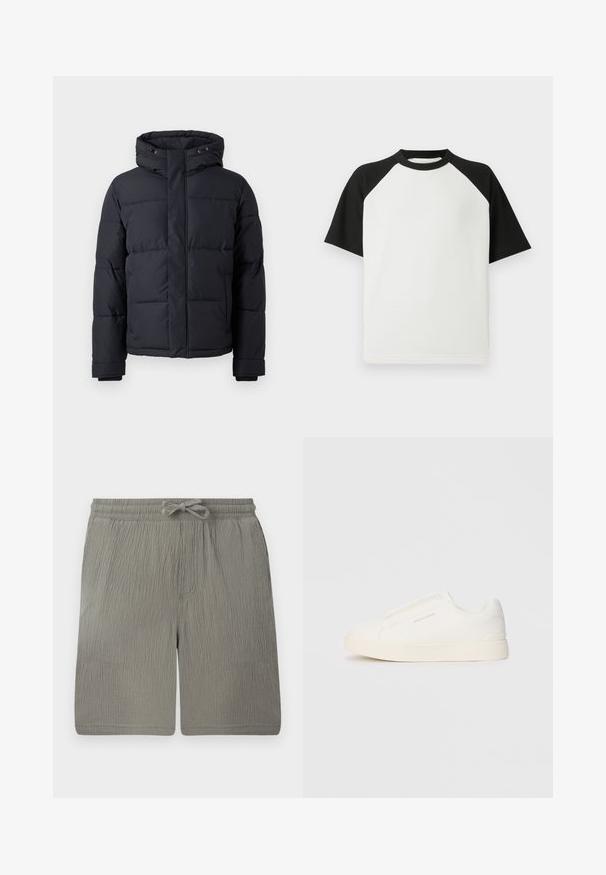 Schwarze Daunenjacke mit Kapuze, ausgestattet mit einem Reißverschluss, gestepptem Design und elastischen Bündchen für Wärme und Komfort.; Schwarz-weiße kurzärmlige T-Shirt mit geribbeter Textur; verfügt über Raglanärmel und einen Rundhalsausschnitt.; Helle graue Shorts aus strukturiertem Stoff. Mit elastischem Bund, Kordelzug und Seitentasche. Schlichtes, gerade geschnittenes Design.; Weiße Slip-On-Sneaker mit einer strukturierten Oberfläche, dicker Sohle und minimalistischem Design. Mit Logo der Marke an der Seite.