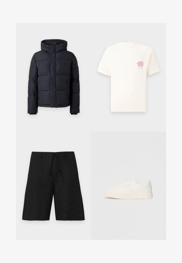 Μαύρο φουσκωτό μπουφάν με κουκούλα, που διαθέτει κλείσιμο με φερμουάρ, σταυρωτή σχεδίαση και ελαστικές μανσέτες για ζεστασιά και άνεση.; Άσπρη κοντομάνικη μπλούζα με κόκκινο κείμενο "Studio Originals Edition" στο αριστερό στήθος, παρουσιασμένη σε ουδέτερο γκρι φόντο.; Μαύρες λινές βερμούδες με χαλαρή εφαρμογή, κορδόνι για τη μέση και χωρίς εμφανή σχέδια. Το ύφασμα φαίνεται ελαφρύ με ελαφρώς υφή.; Λευκά slip-on παπούτσια με υφή, παχύ πάτο και μινιμαλιστικό σχέδιο. Φέρει το λογότυπο της μάρκας στο πλάι.