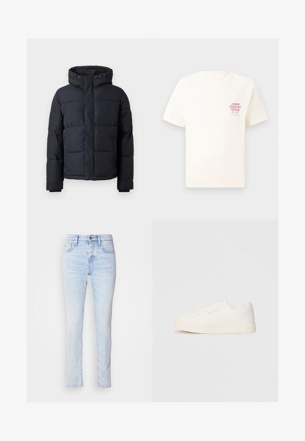 Mustat puhvitakki, jossa on huppu, vetoketjukiinnitys, tilkkutäkkimuotoilu ja joustavat hihansuut lämpöä ja mukavuutta varten.; Valkoinen lyhythihainen t-paita, jossa on punainen teksti "Studio Originals Edition" vasemmalla rinnalla, esitetty neutraalilla harmaalla taustalla.; Vaaleansiniset farkut, joissa on kapea malli, viisi taskua ja nappikiinnitys. Sisältää kevyttä haalistumista ja suoran lahkeen leikkauksen.; Valkoiset liukusukat, joissa on teksturoitu pinta, paksu pohja ja minimalistikot. Sivulla on brändin logo.