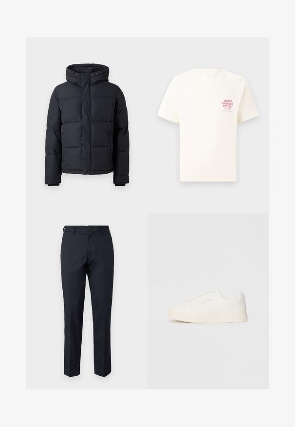 Black puffer jacket with a hood, featuring a zip closure, quilted design, and elastic cuffs for warmth and comfort.; White short-sleeve T-shirt with red text "Studio Originals Edition" on left chest, displayed on a neutral gray background.; Navy blue trousers made of cotton with a straight leg design, front pockets, and a button closure. Smooth texture, no visible patterns.; White slip-on sneakers with a textured surface, a thick sole, and minimalistic design. Features brand logo on the side.