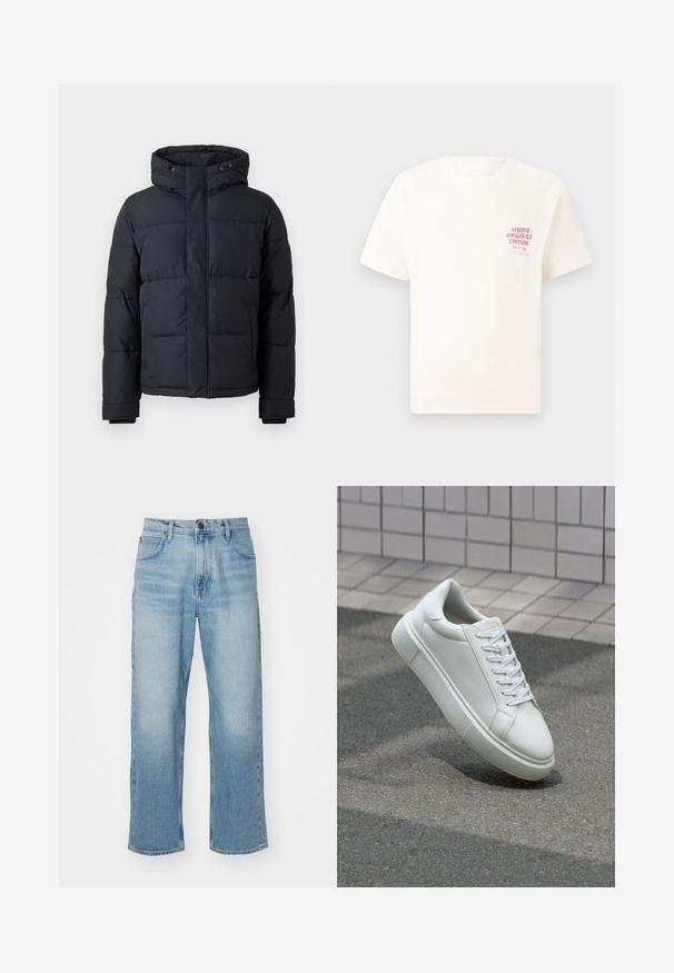 Doudoune noire avec capuche, dotée d'une fermeture éclair, au design matelassé et avec des poignets élastiques pour chaleur et confort.; T-shirt blanc à manches courtes avec le texte rouge "Édition Originals du Studio" sur la poitrine gauche, présenté sur un fond gris neutre.; Jeans en denim droit bleu clair avec poches avant, passants de ceinture et fermeture à bouton.; Baskets en cuir blanc avec une surface lisse, bout rond et lacets plats blancs. Présentent une semelle en caoutchouc texturée et des éléments de design minimalistes.