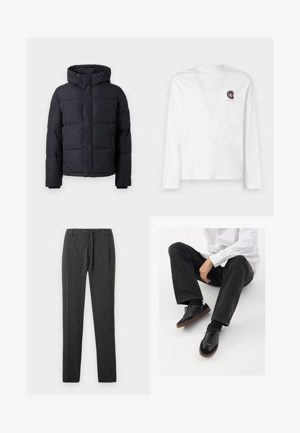 Black puffer jacket with a hood, featuring a zip closure, quilted design, and elastic cuffs for warmth and comfort.; White long-sleeve t-shirt made of cotton. Features a small, dark brown graphic design on the chest. Classic crew neckline and straight fit.; Dark gray trousers with a textured fabric, straight leg design, front pleats, and a drawstring waistband. No visible pockets or accents.; Black sneakers with a smooth and textured upper, featuring a rubber sole and dark laces. Paired with black jeans and a white striped shirt.