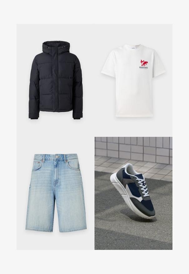 Black puffer jacket with a hood, featuring a zip closure, quilted design, and elastic cuffs for warmth and comfort.; White cotton t-shirt featuring a red cowboy and horse graphic on the left chest with "RODEO DAYS" text beneath the design.; Light blue denim shorts with a straight cut, featuring a button and zipper closure, five pockets, and a slightly faded finish.; Sneaker featuring a navy blue mesh upper, gray suede accents, white rubber sole, and flat white laces, designed for comfort and breathability.