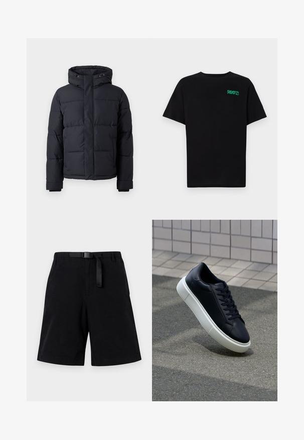 Sort puffjakke med hætte, der har lynlås lukning, quiltet design og elastiske manchetter for varme og komfort.; Sort t-shirt lavet af bomuld med korte ærmer. Har et grønt "ROOTS" logo på forsiden, rund halsudskæring og almindelig pasform.; Sorte shorts lavet af glat stof, med et sort bælte og en enkelt lomme foran. Lige snit med en kantet bund.; Sort lædersneaker med rund tå og hvid gummisål. Har flade snørebånd og minimal syning på overdelen. Tekstureret sål for bedre greb.
