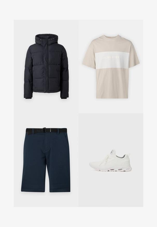 Chaqueta de plumas negra con capucha, que cuenta con cierre de cremallera, diseño acolchado y puños elásticos para mayor calidez y comodidad.; Camiseta de algodón beige con un panel horizontal blanco que presenta el texto "JACK & JONES ESSENTIALS WORLDWIDE" en letras en relieve. Mangas cortas.; Pantalones cortos azul marino de tejido texturizado, con un cinturón negro ajustable, dos bolsillos laterales y un dobladillo recto.; Zapatillas deportivas blancas con un upper de punto texturizado, cordones planos y una suela acolchada con cámaras de aire visibles para mayor soporte.