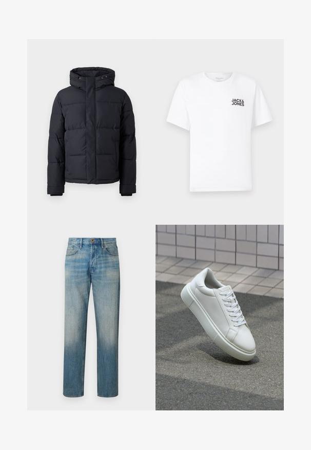 Casaco puffer preto com capuz, apresentando fecho com zíper, design acolchoado e punhos elásticos para conforto e aquecimento.; T-shirt de algodão branco, mangas curtas, com decote redondo. Apresenta o logotipo em texto preto "JACK & JONES" na área do peito esquerdo. Design simples e liso.; Jeans de ganga azul-claro com corte reto, apresentando fecho de botão, bolsos frontais e um desbotado subtil à volta das coxas.; Tênis de couro branco com superfície lisa, bico redondo e cadarços brancos planos. Apresenta uma sola de borracha texturizada e elementos de design minimalistas.