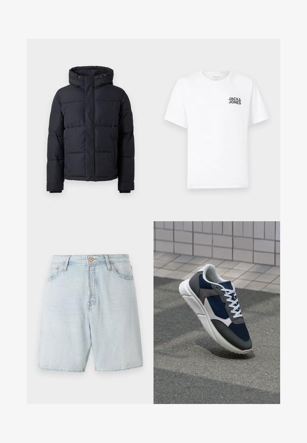 Black puffer jacket with a hood, featuring a zip closure, quilted design, and elastic cuffs for warmth and comfort.; White cotton t-shirt, short sleeves, crew neck. Features black text logo "JACK & JONES" on the left chest area. Simple, plain design.; Light blue denim shorts with a high waist, five-pocket design, and contrasting stitching. Features a classic button and zip fly closure.; Sneaker featuring a navy blue mesh upper, gray suede accents, white rubber sole, and flat white laces, designed for comfort and breathability.