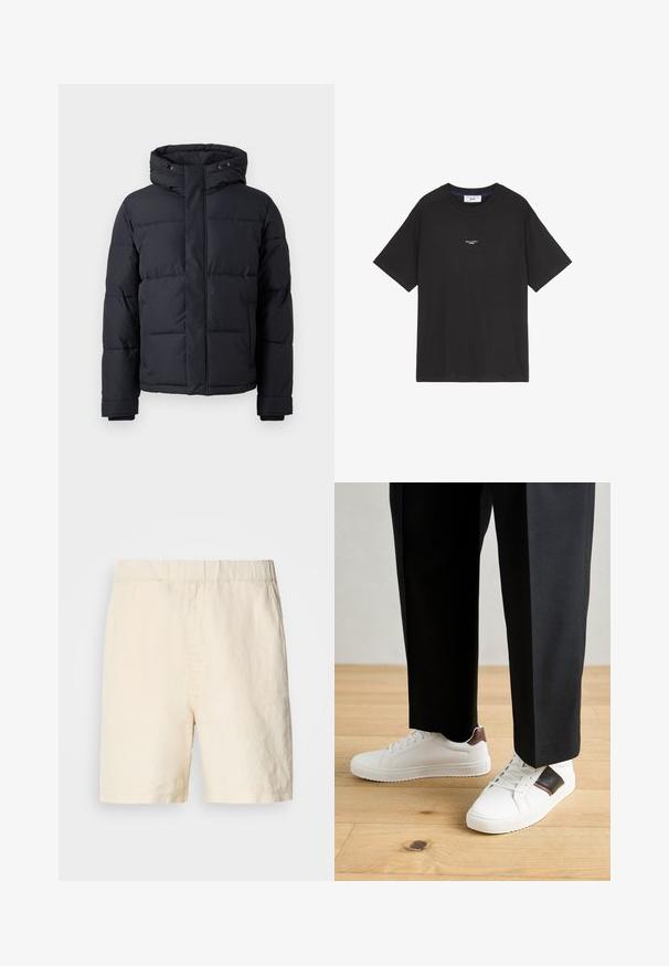Čierna prešívaná bunda s kapucňou, s uzatváraním na zips, prešívaným dizajnom a elastickými manžetami pre teplo a pohodlie.; Čierne bavlnené tričko s okrúhlym výstrihom a krátkymi rukávmi. Má malé biele logo na prednej strane. Jednoduchý dizajn, voľný strih.; Svetlé béžové šortky vyrobené z priedušného materiálu. Majú elastický pás a voľnejší strih. Jednoduchý dizajn bez vzorov alebo kovania.; Biele tenisky s hladkým povrchom, s hnedými koženými akcentmi a čiernymi detailmi, spárované s čiernymi elegantnými nohavicami. Pozadím je drevená podlaha.