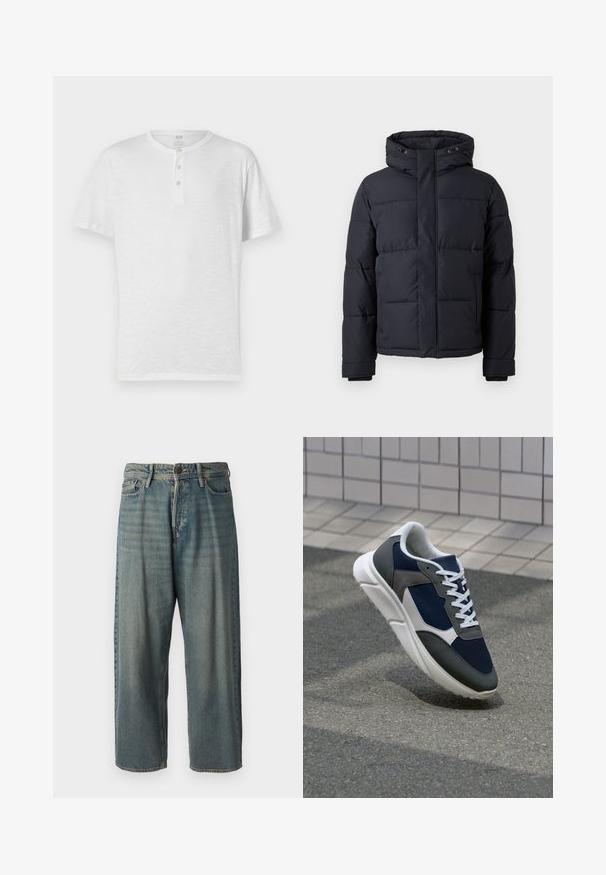 Casaco puffer preto com capuz, apresentando fecho com zíper, design acolchoado e punhos elásticos para conforto e aquecimento.; T-shirt henley branca de manga curta com placket de três botões, feita de tecido leve e ligeiramente texturizado. Decote redondo, ajuste casual.; Jeans de ganga azul claro com um corte solto, cintura média e pernas retas. Apresenta cinco bolsos, passadores de cinto e fecho com botão.; Sapatilha com parte superior em malha azul-marinho, detalhes em camurça cinza, sola de borracha branca e atacadores brancos planos, projetada para conforto e respirabilidade.