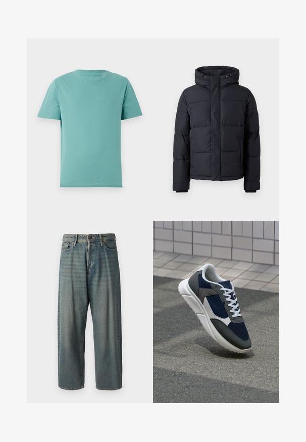 Jachetă puffer neagră cu glugă, dotată cu închidere cu fermoar, design matlasat și manșete elastice pentru căldură și confort.; Tricou din bumbac de culoare teal deschis, cu guler rotund și mâneci scurte. Textură netedă și design simplu, fără modele sau accente.; Jeans din denim bleu deschis, cu o croială lejeră, talie medie și picioare drepte. Au cinci buzunare, bucle pentru curea și închidere cu nasture.; Adidași cu un uppers din plasă albastră închisă, accente din suede gri, talpă din cauciuc alb și șireturi plate albe, concepuți pentru confort și respirabilitate.