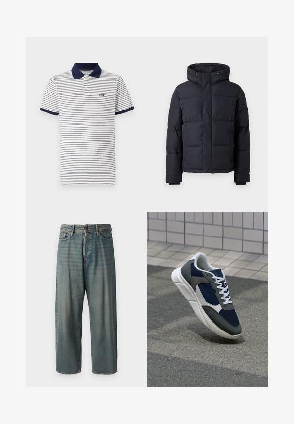 Must rõngasjakke, millel on kapuuts, lukuga kinnitamine, tikandmuster ja elastsed mansetid sooja ja mugavuse tagamiseks.; Valge polo särk tumesiniste triipudega, mis on varustatud tumesinise krae ja tumesiniste mansettidega, kaelal kaks nööpi ning rinnal väike tumesinine logo.; Heledad sinine denim-stiilis teksad, volüümse lõike, keskmise kõrgusega talje ja sirgete säärega. Omab viit taskut, vöökumme ja nööpide sulgemist.; Sneaker, mille sinine võrkkangas, hallid nubukdetailid, valge kummitald ja lamedad valged paelad, disainitud mugavuseks ja hingavuseks.