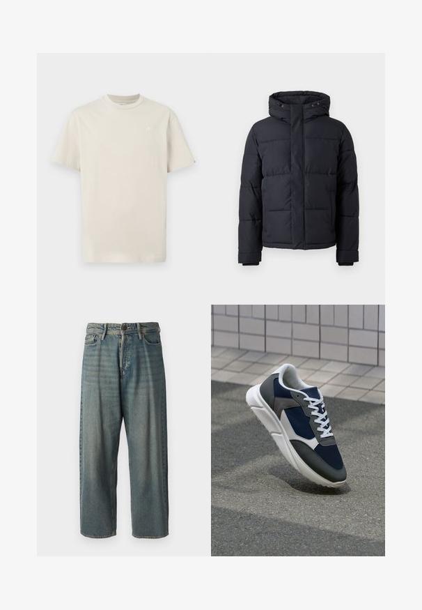 Czarna kurtka puchowa z kapturem, z zamek błyskawicznym, pikowanym wzorem oraz elastycznymi mankietami, zapewniająca ciepło i komfort.; Jasno beżowy t-shirt bawełniany z okrągłym dekoltem, krótkimi rękawami i małym haftowanym logo na piersi. Prosty, klasyczny krój.; Jasnoniebieskie dżinsy o luźnym kroju, średnim stanie i prostych nogawkach. Posiadają pięć kieszeni, szlufki na pasek oraz zapięcie na guzik.; Sneakers z granatową siateczkową cholewką, szarymi zamszowymi akcentami, białą gumową podeszwą i płaskimi białymi sznurówkami, zaprojektowane z myślą o komforcie i wentylacji.