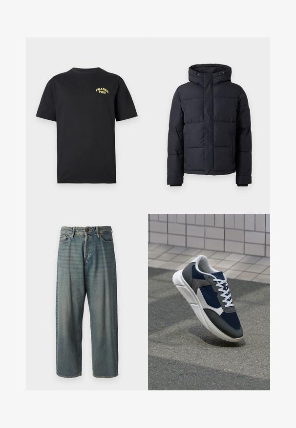 Μαύρο φουσκωτό μπουφάν με κουκούλα, που διαθέτει κλείσιμο με φερμουάρ, σταυρωτή σχεδίαση και ελαστικές μανσέτες για ζεστασιά και άνεση.; Μαύρο κοντομάνικο βαμβακερό μπλουζάκι με κίτρινο κείμενο "FRANKS PIES" στην πάνω αριστερή πλευρά του στήθους.; Ανοιχτό μπλε τζιν παντελόνι με χαλαρή γραμμή, μέση μέσου ύψους και ευθείες γραμμές. Περιλαμβάνει πέντε τσέπες, θηλιές ζώνης και κούμπωμα με κουμπί.; Αθλητικά παπούτσια με επάνω μέρος από ναυτικό μπλε διχτυωτό ύφασμα, γκρι σουέτ λεπτομέρειες, λευκή καουτσούκ σόλα και επίπεδα λευκά κορδόνια, σχεδιασμένα για άνεση και αερισμό.