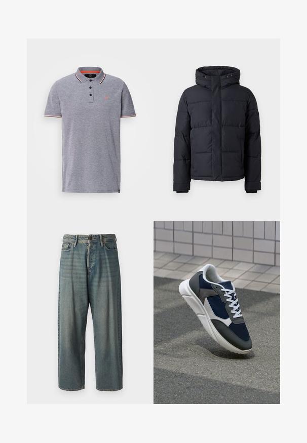 Black puffer jacket with a hood, featuring a zip closure, quilted design, and elastic cuffs for warmth and comfort.; Gray polo shirt with a textured collar, three-button placket, and contrasting red accents on the collar and sleeves. Small logo on chest.; Light blue denim jeans with a loose fit, mid-rise waist, and straight legs. Features five pockets, belt loops, and a button closure.; Sneaker featuring a navy blue mesh upper, gray suede accents, white rubber sole, and flat white laces, designed for comfort and breathability.