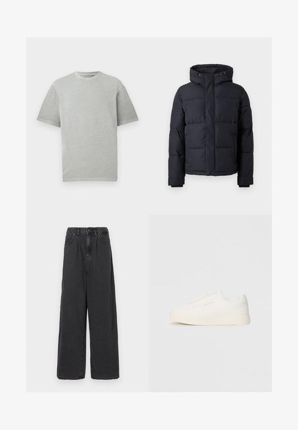 Casaco puffer preto com capuz, apresentando fecho com zíper, design acolchoado e punhos elásticos para conforto e aquecimento.; T-shirt cinza claro com mangas curtas e decote redondo, exibido num fundo branco liso.; Calças de ganga pretas de perna larga e cintura alta, com fecho frontal de botão e zipper, apresentando bolsos laterais e uma textura suave.; Sapatilhas brancas de atacar com uma superfície texturizada, sola grossa e design minimalista. Possui o logo da marca na lateral.