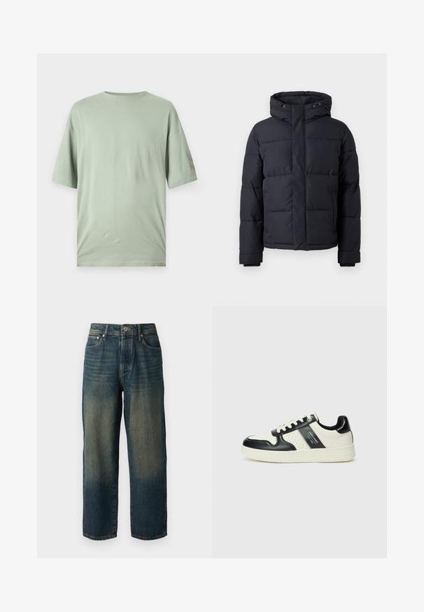 Črna puhasta jakna s kapuco, z zadrgo, kvadraticnim dizajnom in elastičnimi manšetami za toploto in udobje.; Svetlo zelena majica s kratkimi rokavi iz mehkega materiala. Ima okroglo ovratnika in sproščen kroj brez vidnih vzorcev ali okrasitev.; modri traper hlače s ravnim krojem, ki imajo zbledel videz z svetlejšimi odtenki proti robu, pet žepov in gumbasto zapiranje.; Usnjeni športni čevlji z črno in krem barvno shemo, ki vključujejo perforirane dodatke, podložen ovratnik in strukturirano podplat.