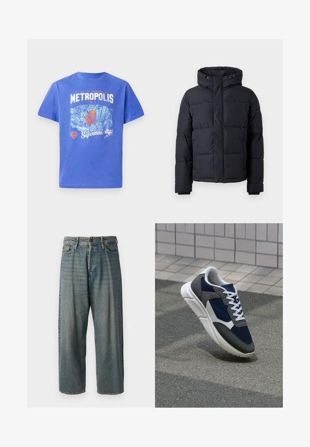 Melnā pūkļa jaka ar kapuci, ar rāvējslēdzēju, ar siltinātu dizainu un elastīgām piedurknēm siltumam un komfortam.; Zila kokvilnas T-krekls ar īsām piedurknēm. Uzraksts ar Metropolis debesskrāpju skatu un Superman logo baltā un oranžā krāsā. Ar apaļu kakla izgriezumu.; Gaiši zili džinsi ar brīvu piegriezumu, vidējo jostas augstumu un taisnām kājām. Satur piecas kabatas, jostas cilpas un pogu aizdari.; Sporta apavi ar tumši zilas krāsas tīkla augšdaļu, pelēku zamšādas akcentiem, baltu gumijas zoli un plakaniem baltiem šņorēm, kas izstrādāti komfortam un elpojamībai.