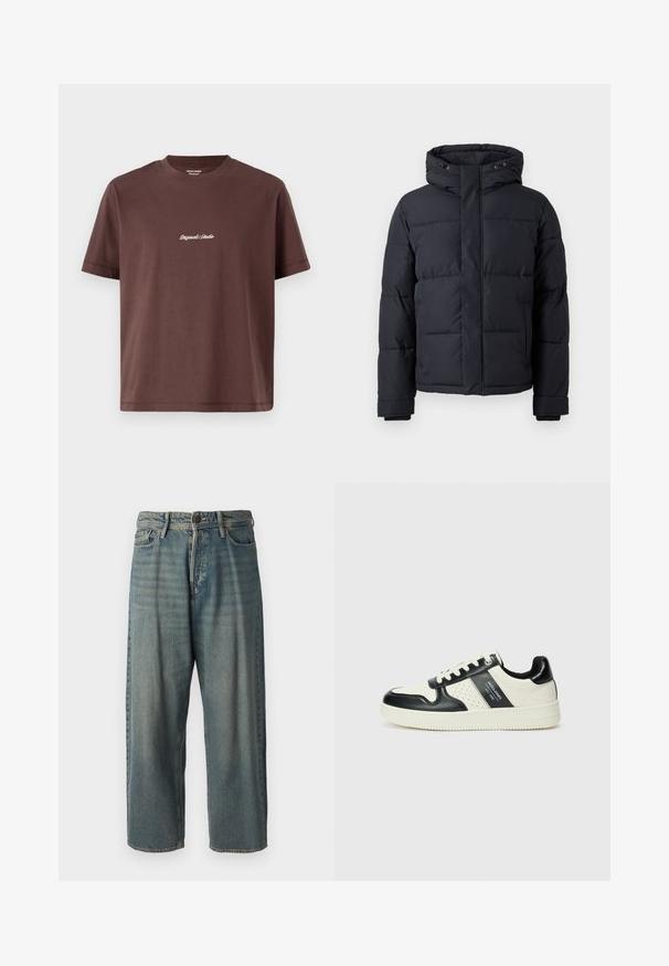 Casaco puffer preto com capuz, apresentando fecho com zíper, design acolchoado e punhos elásticos para conforto e aquecimento.; T-shirt de algodão castanho com decote redondo. Apresenta mangas curtas e um texto bordado central que diz "Original Studio" em branco.; Jeans de ganga azul claro com um corte solto, cintura média e pernas retas. Apresenta cinco bolsos, passadores de cinto e fecho com botão.; Ténis de couro com um esquema de cores em preto e creme, apresentando detalhes perfurados, um colarinho acolchoado e uma sola texturizada.