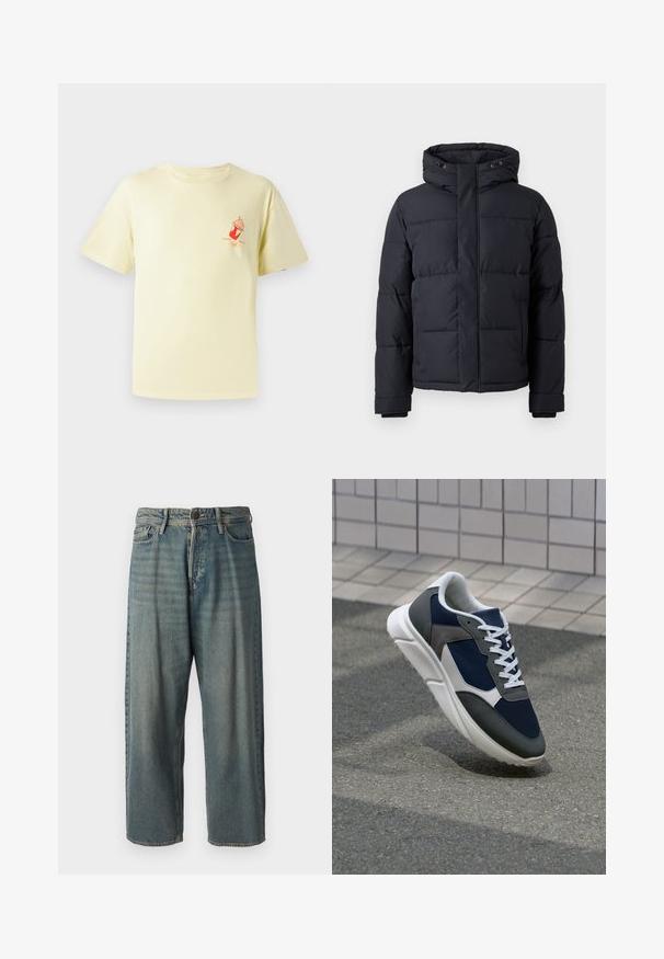 Mustat puhvitakki, jossa on huppu, vetoketjukiinnitys, tilkkutäkkimuotoilu ja joustavat hihansuut lämpöä ja mukavuutta varten.; Samat keltainen puuvillapaita, jossa on pyöreä kaula-aukko ja lyhyet hihat; vasemmassa rinnassa on punainen graafinen kuva jäätelökuppista.; Vaaleansiniset farkut, joissa on väljä istuvuus, keskikorkea vyötärö ja suorat lahkeet. Ominaisuuksiin kuuluvat viisi taskua, vyölenkit ja nappisulku.; Kengät, joissa on tummansininen verkkopäällinen, harmaat mokka-yksityiskohdat, valkoinen kumipohja ja litteät valkoiset nauhat, suunniteltu mukavuutta ja hengittävyyttä varten.