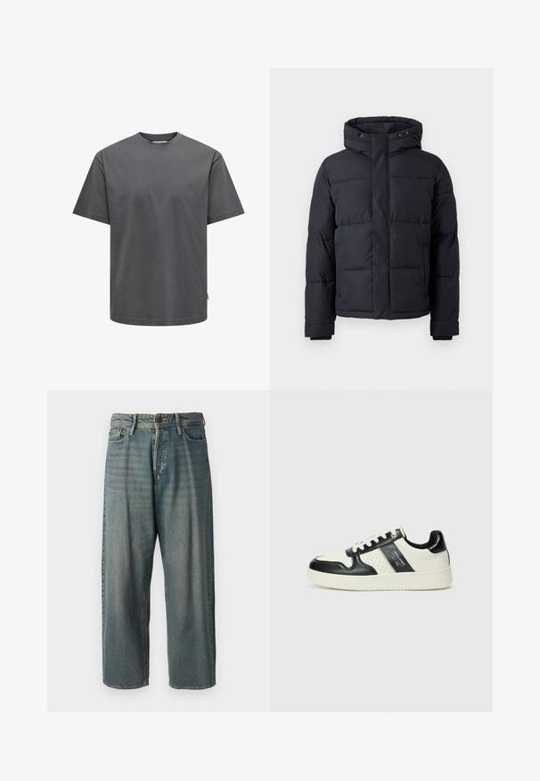 Casaco puffer preto com capuz, apresentando fecho com zíper, design acolchoado e punhos elásticos para conforto e aquecimento.; T-shirt de algodão cinza com gola redonda e mangas curtas. Apresenta um corte regular e uma textura lisa, sem padrões ou detalhes visíveis.; Jeans de ganga azul claro com um corte solto, cintura média e pernas retas. Apresenta cinco bolsos, passadores de cinto e fecho com botão.; Ténis de couro com um esquema de cores em preto e creme, apresentando detalhes perfurados, um colarinho acolchoado e uma sola texturizada.