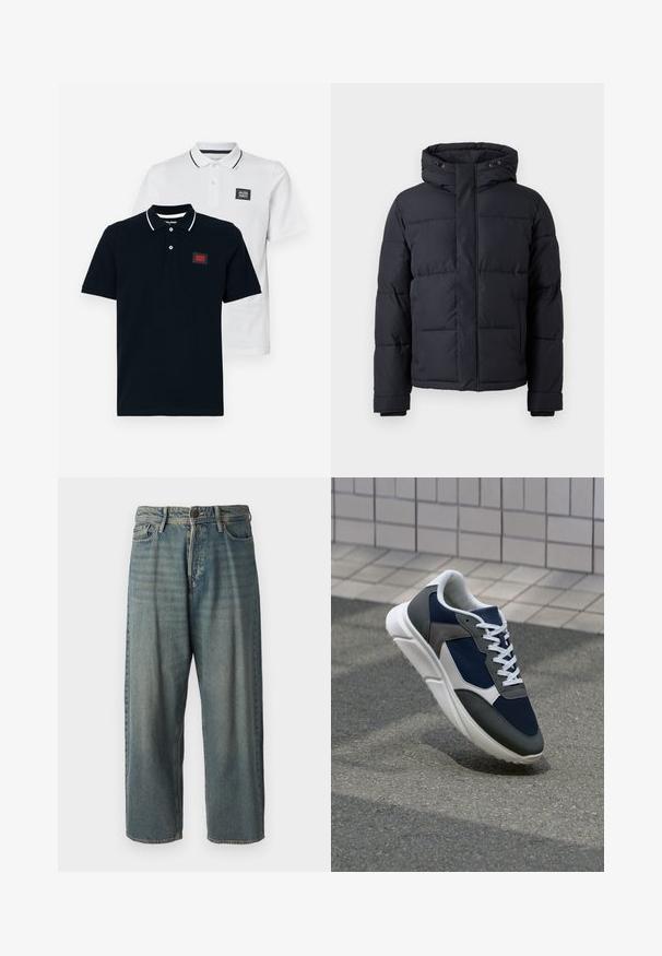 Crna puf jakna s kapuljačom, s patentnim zatvaračem, kockastim dizajnom i elastičnim rukavima za toplinu i udobnost.; Dva polo majice u tamnoplavoj i bijeloj boji, s kratkim rukavima, klasičnom ovratniku i kontrastnim prugašima na ovratniku.; Svijetloplave traperice s širokim krojem, srednjim pojasom i ravnim nogavicama. Ima pet džepova, petlje za remen i kopčanje na gumb.; Tenisice s gornjim dijelom od mrežastog materijala tamnoplave boje, siva antilopova naglašavanja, bijela gumena potplat i ravne bijele vezice, dizajnirane za udobnost i prozračnost.