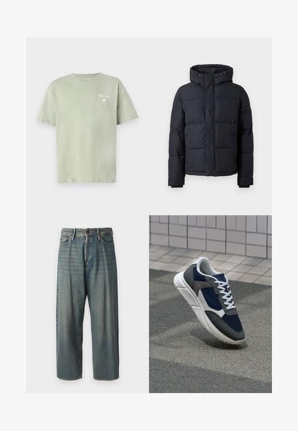 Schwarze Daunenjacke mit Kapuze, ausgestattet mit einem Reißverschluss, gestepptem Design und elastischen Bündchen für Wärme und Komfort.; Hellgrünes Baumwoll-T-Shirt mit kurzen Ärmeln, auf der Vorderseite mit dem Text "Palm Coast" und einer Sonnengrafik in Weiß.; Helle blaue Denim-Jeans mit lockerer Passform, mittelhoher Taille und geraden Beinen. Hat fünf Taschen, Gürtelschlaufen und einen Knopfverschluss.; Sneaker mit einem Obermaterial aus navyblauem Mesh, grauen Wildlederelementen, einer weißen Gummisohle und flachen weißen Schnürsenkeln, entworfen für Komfort und Atmungsaktivität.