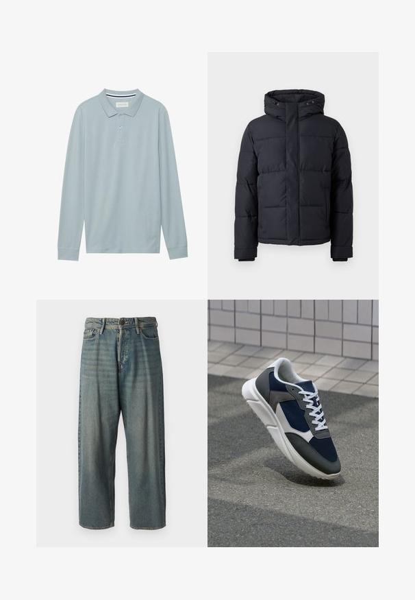 Fekete puffdzseki kapucnival, cipzárral, tűzött mintázattal és rugalmas mandzsettákkal a kényelem és melegség érdekében.; Hosszú ujjú pólóing világoskék színben, lapos gallérral, háromgombos középső részzel és diszkrét textúrájú anyaggal. A gallér belsején csíkos mintázat található.; Világoskék farmernadrág, laza fazonnal, közepes derékbőséggel és egyenes szárral. Öt zsebet, övbucskát és gombos záródást tartalmaz.; Cipő, amelynek sötétkék hálós felsőrésze, szürke velúr díszítései, fehér gumitalpa és lapos fehér fűzője van, a kényelem és a légáteresztő képesség érdekében tervezve.