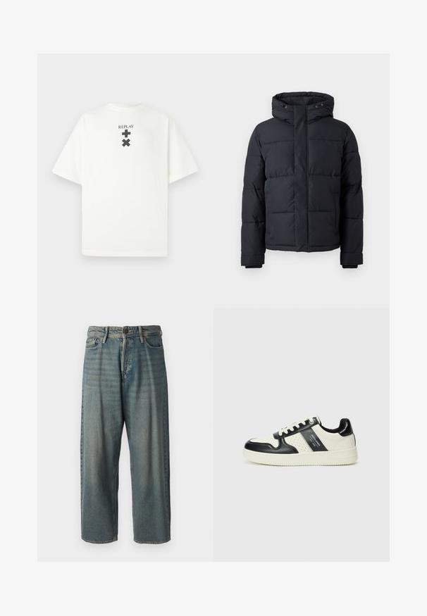 Black puffer jacket with a hood, featuring a zip closure, quilted design, and elastic cuffs for warmth and comfort.; White cotton T-shirt with short sleeves, featuring a black "REPLAY" logo and graphic symbols centered below the logo on the front.; Light blue denim jeans with a loose fit, mid-rise waist, and straight legs. Features five pockets, belt loops, and a button closure.; Leather sneakers with a black and cream color scheme, featuring perforated accents, a padded collar, and a textured outsole.