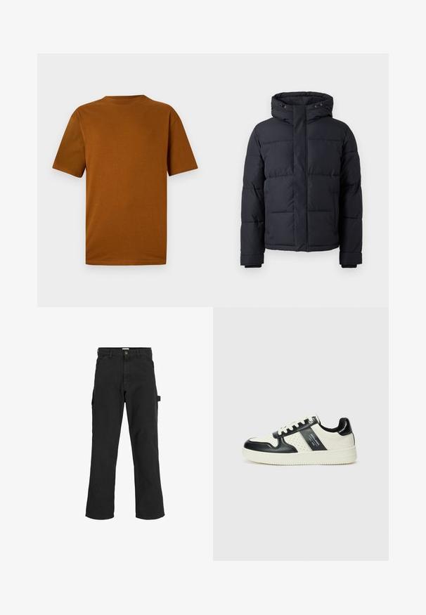 Černá péřová bunda s kapucí, vybavená zipem, prošívaným designem a elastickými manžetami pro teplo a pohodlí.; Tričko s krátkým rukávem v barvě spálené pomeranče vyrobené z bavlny. Má kulatý výstřih, volný střih a hladkou texturu bez vzorů nebo ozdob.; Černé cargo kalhoty z bavlněné směsi. Mají široké nohavice, přední šikmé kapsy a boční kapsu s poutkem na doplňky.; Kožené tenisky s černobílou barevnou kombinací, které mají perforované detaily, polstrovaný límec a texturovanou podrážku.