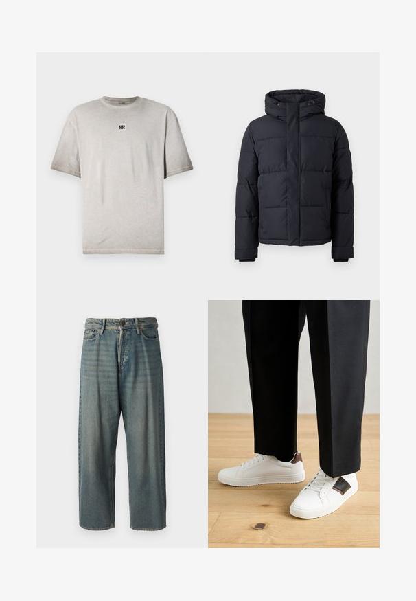 Černá péřová bunda s kapucí, vybavená zipem, prošívaným designem a elastickými manžetami pro teplo a pohodlí.; Šedé bavlněné tričko s kulatým výstřihem, krátkými rukávy a malým černým logem na hrudi. Hladká textura, uvolněný střih a minimalistický design.; Světle modré denimové džíny s volným střihem, středně vysokým pasem a rovnými nohavicemi. Obsahují pět kapes, poutka na opasek a zapínání na knoflík.; Bílé tenisky s hladkým povrchem, s hnědými koženými akcenty a černými detaily, kombinované s černými kalhotami na míru. Pozadí tvoří dřevěná podlaha.
