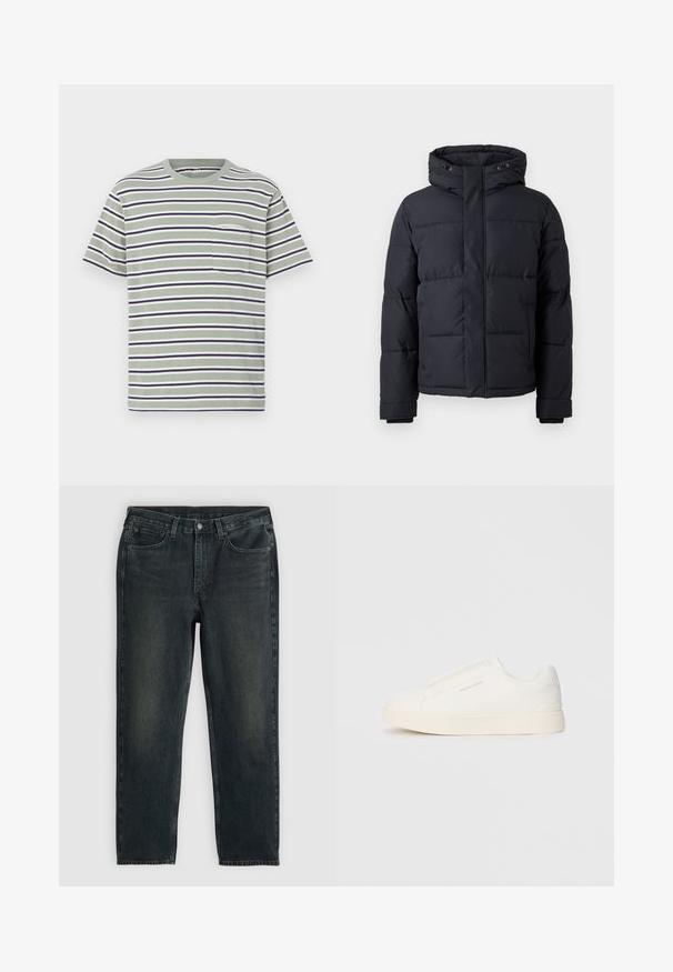 Juodas pūkinis švarkas su gobtuvu, su užtrauktuku, su siuvinėtu dizainu ir elastingomis rankogalių juostomis šilumai ir komfortui.; Žalia trumpa rankovė marškinėliai su baltais, tamsiai mėlynais ir juodais dryžiais; turi krūtinės kišenę ir apvalų iškirpimą. Pagaminta iš medvilnės.; Tamsiai mėlynos džinsinės kelnės su tiesiu kirpimu, turinčios penkias kišenes, užtrauktuką ir kontrastingas siūles. Audinys šiek tiek nublukęs.; Baltos slip-on sportbačiai su tekstūruota paviršiumi, storesniu padu ir minimalistišku dizainu. Šone matosi prekės ženklo logotipas.