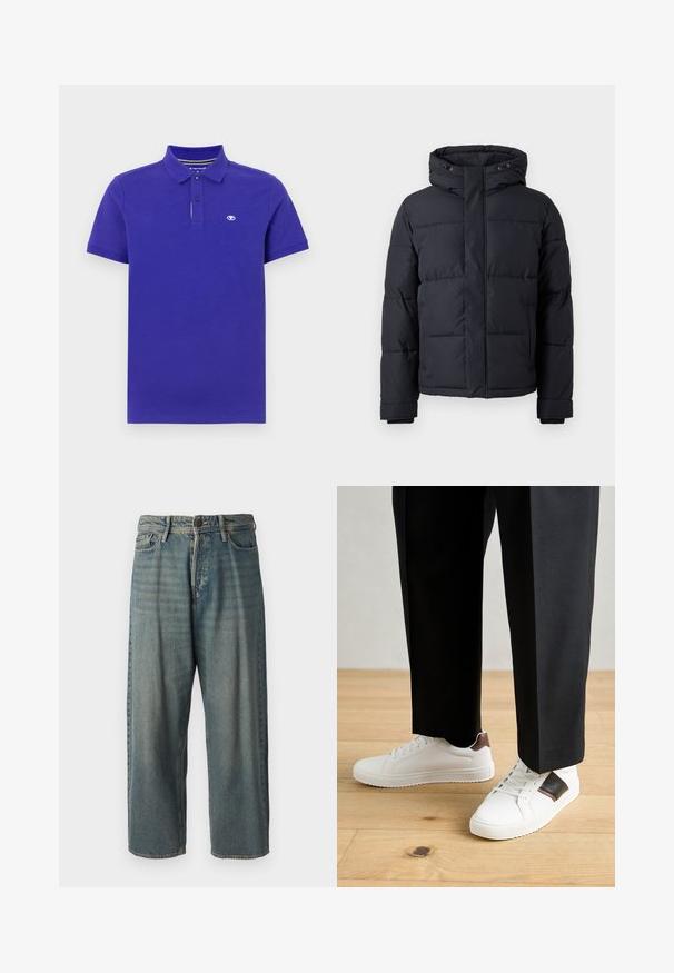 Doudoune noire avec capuche, dotée d'une fermeture éclair, au design matelassé et avec des poignets élastiques pour chaleur et confort.; Polo en coton violet foncé, présentant un col à deux boutons, des manches courtes et un petit logo sur la poitrine gauche. Texture douce.; Jeans en denim bleu clair avec une coupe ample, taille mi-haute et jambes droites. Comprend cinq poches, des passants de ceinture et une fermeture à bouton.; Des sneakers blanches au texture lisse, avec des accents en cuir marron et des détails noirs, assorties à un pantalon noir ajusté. Fond en parquet.