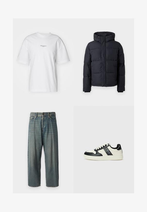 Casaco puffer preto com capuz, apresentando fecho com zíper, design acolchoado e punhos elásticos para conforto e aquecimento.; Camiseta de algodão branca com gola redonda e mangas curtas. Apresenta uma pequena impressão em texto preto "ORIGINALS est. 1970" na frente.; Jeans de ganga azul claro com um corte solto, cintura média e pernas retas. Apresenta cinco bolsos, passadores de cinto e fecho com botão.; Ténis de couro com um esquema de cores em preto e creme, apresentando detalhes perfurados, um colarinho acolchoado e uma sola texturizada.