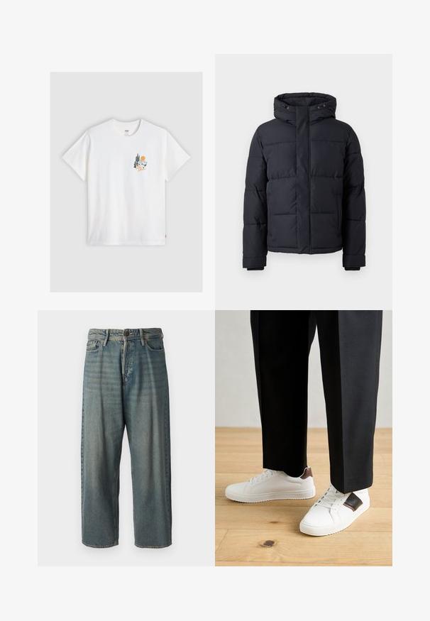 Juodas pūkinis švarkas su gobtuvu, su užtrauktuku, su siuvinėtu dizainu ir elastingomis rankogalių juostomis šilumai ir komfortui.; Levi's® RELAXED FIT TEE - Marškinėliai su spaudiniu - bright white; Šviesiai mėlyni džinsai su laisvu siluetu, vidutinio aukščio juosmeniu ir tiesiomis kojomis. Su penkiais kišenėmis, diržo kilpo ir mygtukų uždarymu.; Balti sportbačiai su glotnia danga, puošti rudais odiniais akcentais ir juodais detalėmis, derinami su juodais pritaikytais kelnėmis. Medinių grindų fonas.