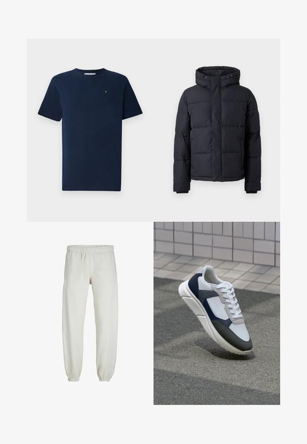 Schwarze Daunenjacke mit Kapuze, ausgestattet mit einem Reißverschluss, gestepptem Design und elastischen Bündchen für Wärme und Komfort.; Himmelblaues Kurzarm-T-Shirt aus Baumwolle mit Rundhalsausschnitt und einem kleinen weißen Emblem auf der Brust; glatte Textur.; Weiße Jogginghose aus weichem Stoff, mit elastischem Bund und Säumen, einer glatten Textur und lockerem Schnitt.; Weißer, marineblauer und grauer Sneaker mit einem Materialmix-Design, das ein strukturiertes Obermaterial, flache Schnürsenkel und eine gepolsterte Sohle aufweist.