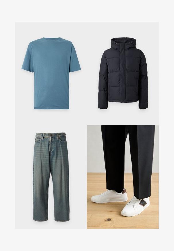 Black puffer jacket with a hood, featuring a zip closure, quilted design, and elastic cuffs for warmth and comfort.; Light blue short-sleeve t-shirt made of soft fabric. Features a crew neck and a relaxed fit with no patterns or embellishments.; Light blue denim jeans with a loose fit, mid-rise waist, and straight legs. Features five pockets, belt loops, and a button closure.; White sneakers with smooth texture, featuring brown leather accents and black detailing, paired with black tailored pants. Wooden floor background.