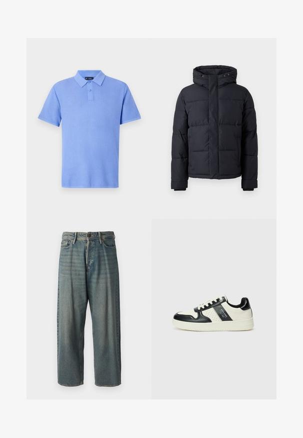 Black puffer jacket with a hood, featuring a zip closure, quilted design, and elastic cuffs for warmth and comfort.; Polo shirt in light blue, short sleeves, textured knit fabric, three-button placket, with collar and no additional patterns or accents.; Light blue denim jeans with a loose fit, mid-rise waist, and straight legs. Features five pockets, belt loops, and a button closure.; Leather sneakers with a black and cream color scheme, featuring perforated accents, a padded collar, and a textured outsole.