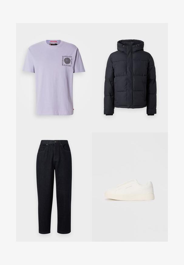 Black puffer jacket with a hood, featuring a zip closure, quilted design, and elastic cuffs for warmth and comfort.; Lavender cotton t-shirt with crew neckline, short sleeves, and a black spiral graphic on the left chest. Tag visible at the neck.; Dark blue denim trousers with a relaxed fit, featuring a button and zipper closure, two front pockets, and stitching accents.; White slip-on sneakers with a textured surface, a thick sole, and minimalistic design. Features brand logo on the side.