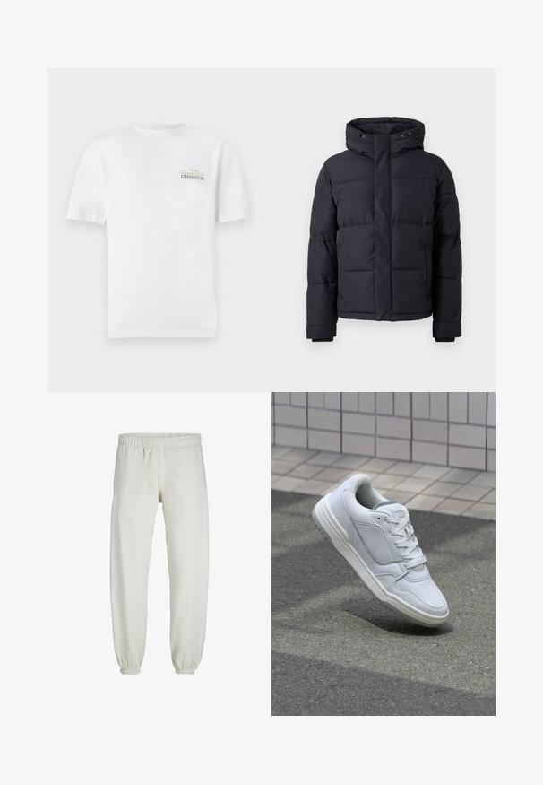 Crna puf jakna s kapuljačom, s patentnim zatvaračem, kockastim dizajnom i elastičnim rukavima za toplinu i udobnost.; Bijela pamučna majica kratkih rukava, okruglog izreza, s malim otisnutim logom u crnoj i zlatnoj boji koji glasi "Cancun."; Bijele trenirke napravljene od mekanog materijala, s elastikom u struku i na manžetama, glatke teksture i labavog kroja.; Bijele kožne tenisice s perforiranim bočnim dijelovima, teksturiranim akcentima, ravnim vezicama i kontrastnim sivim petom. Imaju blago povišenu potplat.