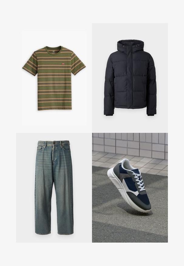 Črna puhasta jakna s kapuco, z zadrgo, kvadraticnim dizajnom in elastičnimi manšetami za toploto in udobje.; Zeleno prugasta majica s horizontalnimi črtami v bež in vijolični barvi. Ima okroglo ovratnico in majhen rdeč Levi's logotip na prsih.; Svetlomoderne kavbojke z ohlapnim krojem, srednjim pasom in ravnimi nogami. Imajo pet žepov, zanke za pas in zapiranje na gumb.; Superge z zgornjim delom iz mrežaste tkanine v mornarsko modri barvi, sivi usnjeni poudarki, belo gumijasto podplato in ravnimi belimi vezalkami, zasnovane za udobje in zračnost.