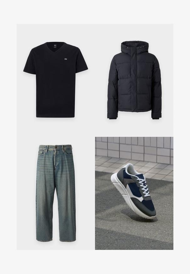Must rõngasjakke, millel on kapuuts, lukuga kinnitamine, tikandmuster ja elastsed mansetid sooja ja mugavuse tagamiseks.; Mustvalge puuvillane t-särk V-kaelusega, lühikeste varrukatega ja vasakul rinnal väikese valge tikandiga logoga. Sile tekstuur, klassikaline lõige.; Heledad sinine denim-stiilis teksad, volüümse lõike, keskmise kõrgusega talje ja sirgete säärega. Omab viit taskut, vöökumme ja nööpide sulgemist.; Sneaker, mille sinine võrkkangas, hallid nubukdetailid, valge kummitald ja lamedad valged paelad, disainitud mugavuseks ja hingavuseks.