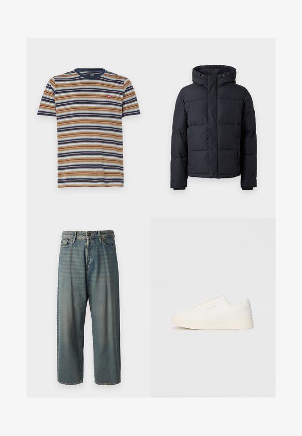 Czarna kurtka puchowa z kapturem, z zamek błyskawicznym, pikowanym wzorem oraz elastycznymi mankietami, zapewniająca ciepło i komfort.; Koszulka w paski z krótkim rękawem, z poziomymi paskami w kolorze brązowym, granatowym, białym i niebieskim; bawełnowy materiał, okrągły dekolt, małe logo na klatce piersiowej.; Jasnoniebieskie dżinsy o luźnym kroju, średnim stanie i prostych nogawkach. Posiadają pięć kieszeni, szlufki na pasek oraz zapięcie na guzik.; Białe sneakersy wsuwane z teksturowanej powierzchni, grubą podeszwą i minimalistycznym designem. Zawierają logo marki z boku.