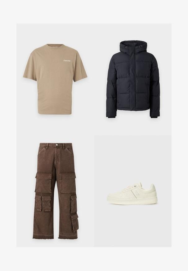 Černá péřová bunda s kapucí, vybavená zipem, prošívaným designem a elastickými manžetami pro teplo a pohodlí.; Béžové bavlněné tričko s krátkými rukávy a kulatým výstřihem. Na levé hrudi má potisk "Club1990" v bílé barvě. Hladká textura, standardní střih.; Hnědé cargo kalhoty s volným střihem, několika postranními kapsami a roztrhaným lemem. Vyrobené z pevného, texturovaného materiálu pro zvýšení trvanlivosti.; Světlé krémové tenisky s perforovanými detaily, šněrováním a logem na boku, vystavené na jednoduchém bílém pozadí.